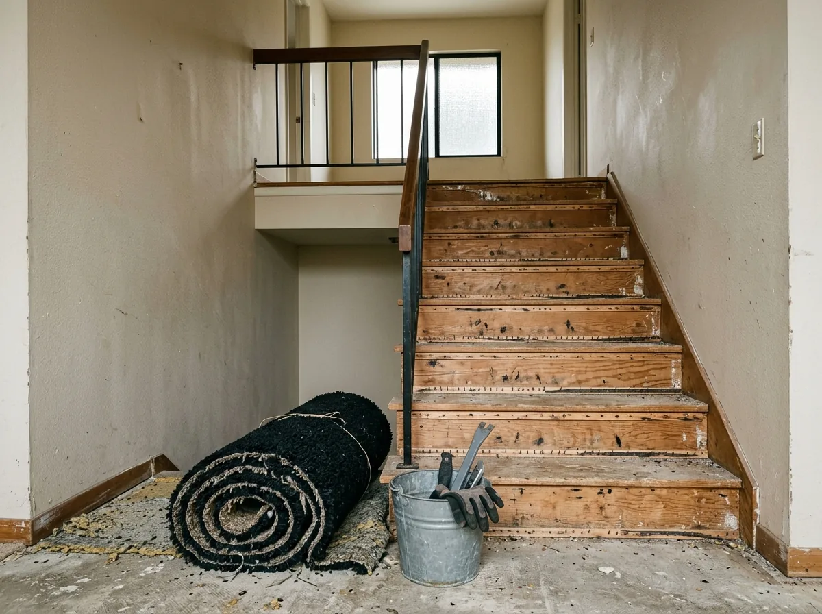 Staircase with the carpet pulled off, showing bare plywood steps and tack strip