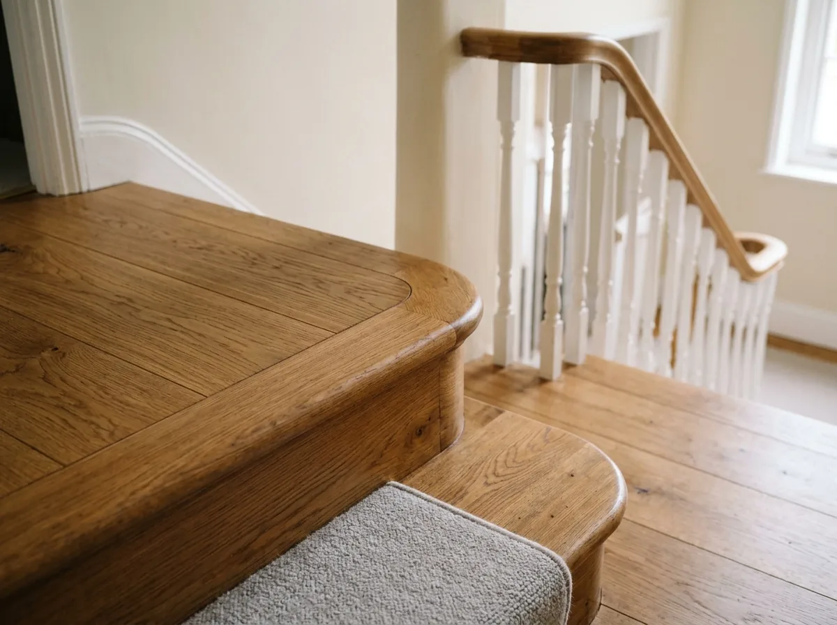 Rounded oak landing nosing where the top step meets the hallway floor