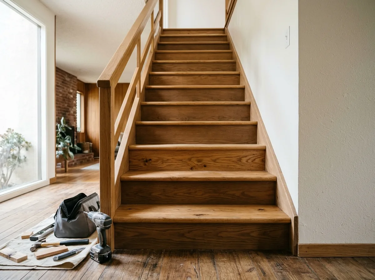 Straight staircase with new natural oak treads and matching stained oak risers