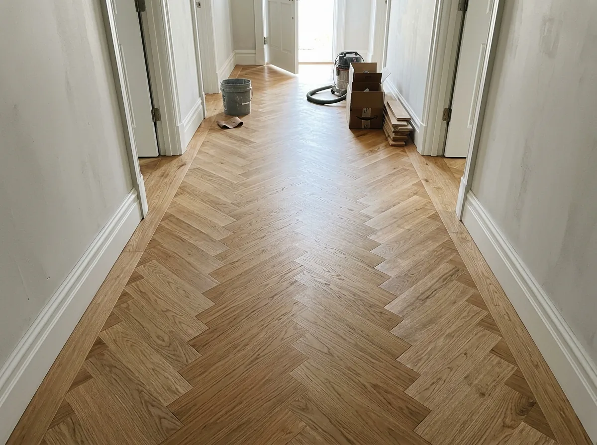 A newly finished oak herringbone floor in a hallway
