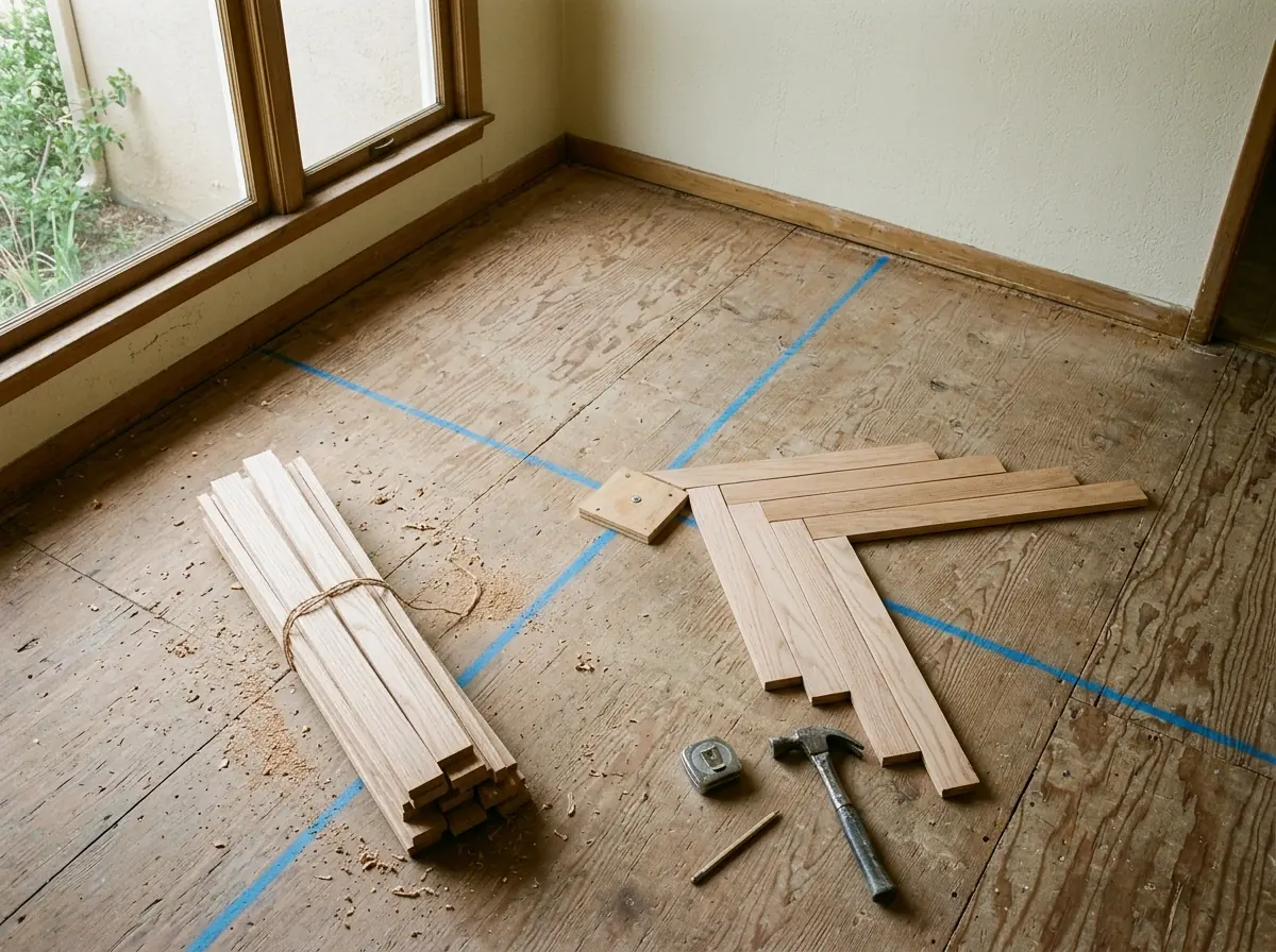 First herringbone oak slats set against a square plywood block on chalk lines over a plywood subfloor