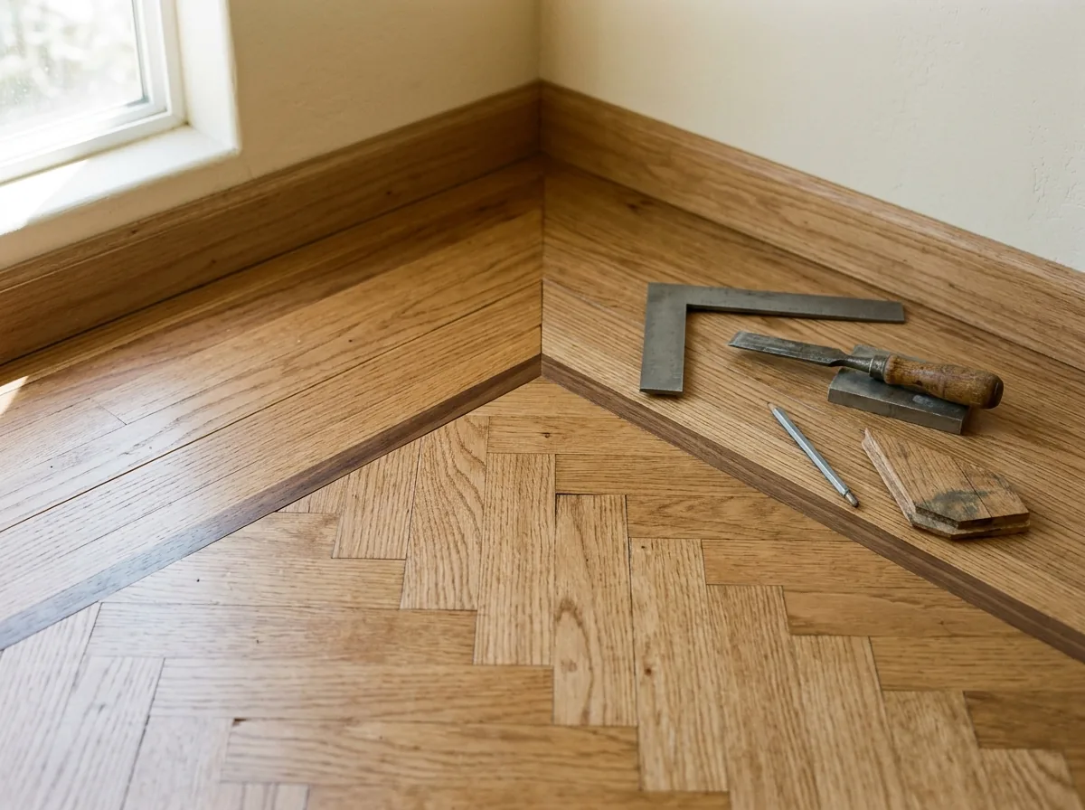 Oak herringbone field framed by a thin dark walnut strip and a border of long oak boards