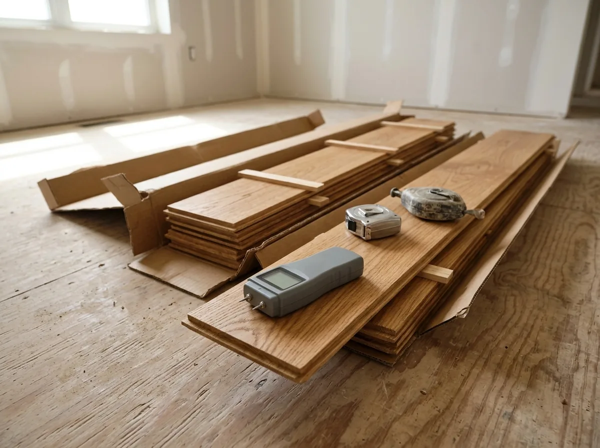 Open boxes of oak flooring boards acclimating in an empty room, with a moisture meter resting on a board