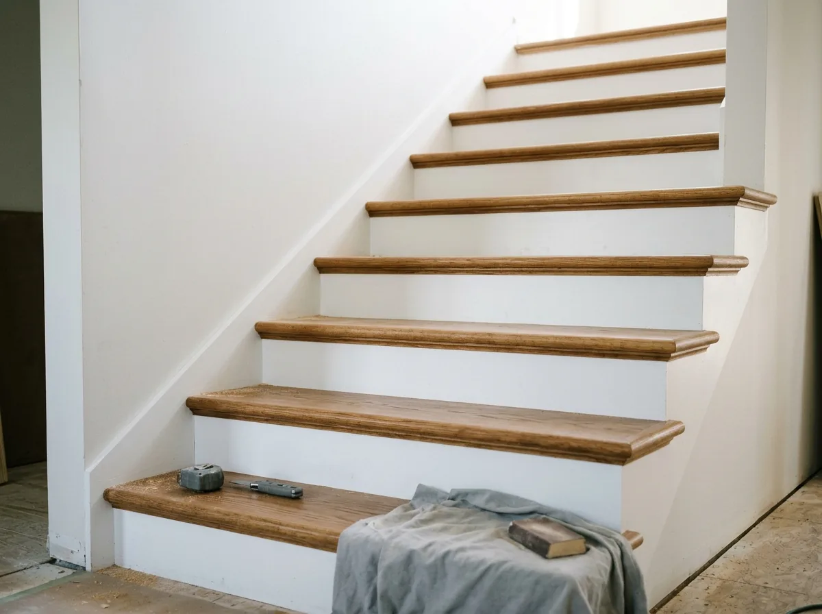 A staircase with stained oak treads and white painted risers