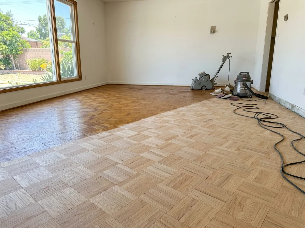 Parquet floor half sanded to bare pale oak next to the old darkened finish