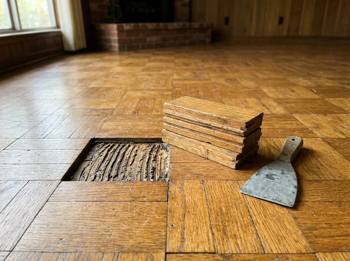 Old oak parquet floor with a few loose blocks lifted out, showing a gap and dried adhesive underneath