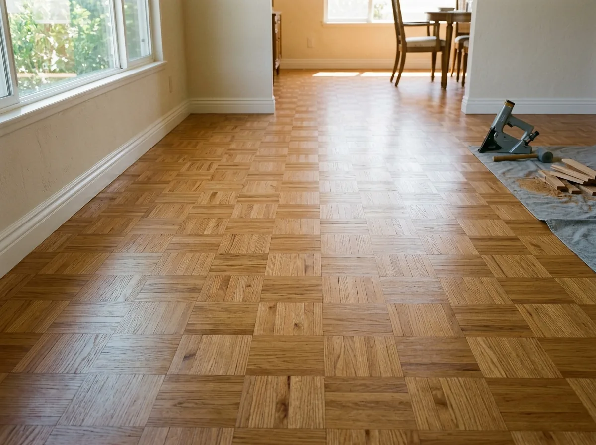 New oak basket weave parquet floor with squares of short slats turned in alternating directions