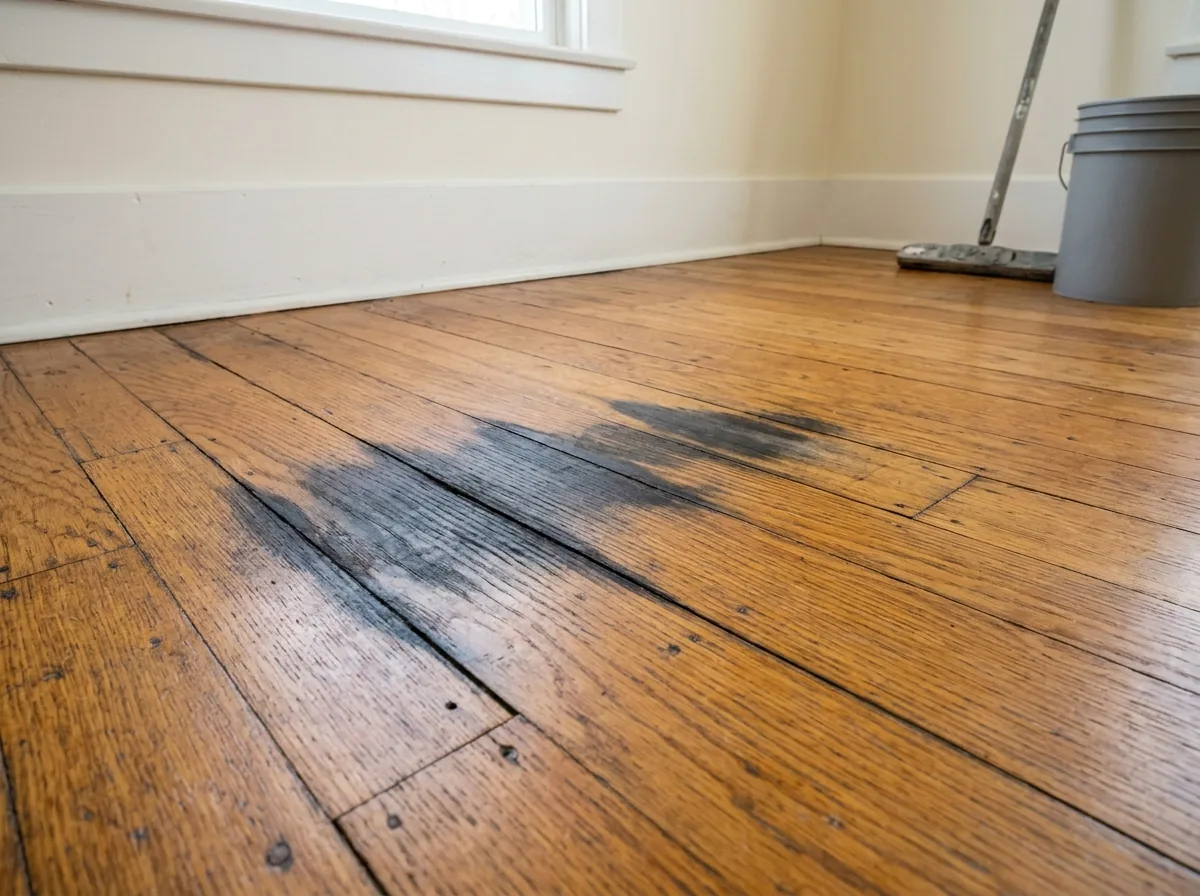 Black urine stains along the seams of oak strip boards after the carpet was pulled up