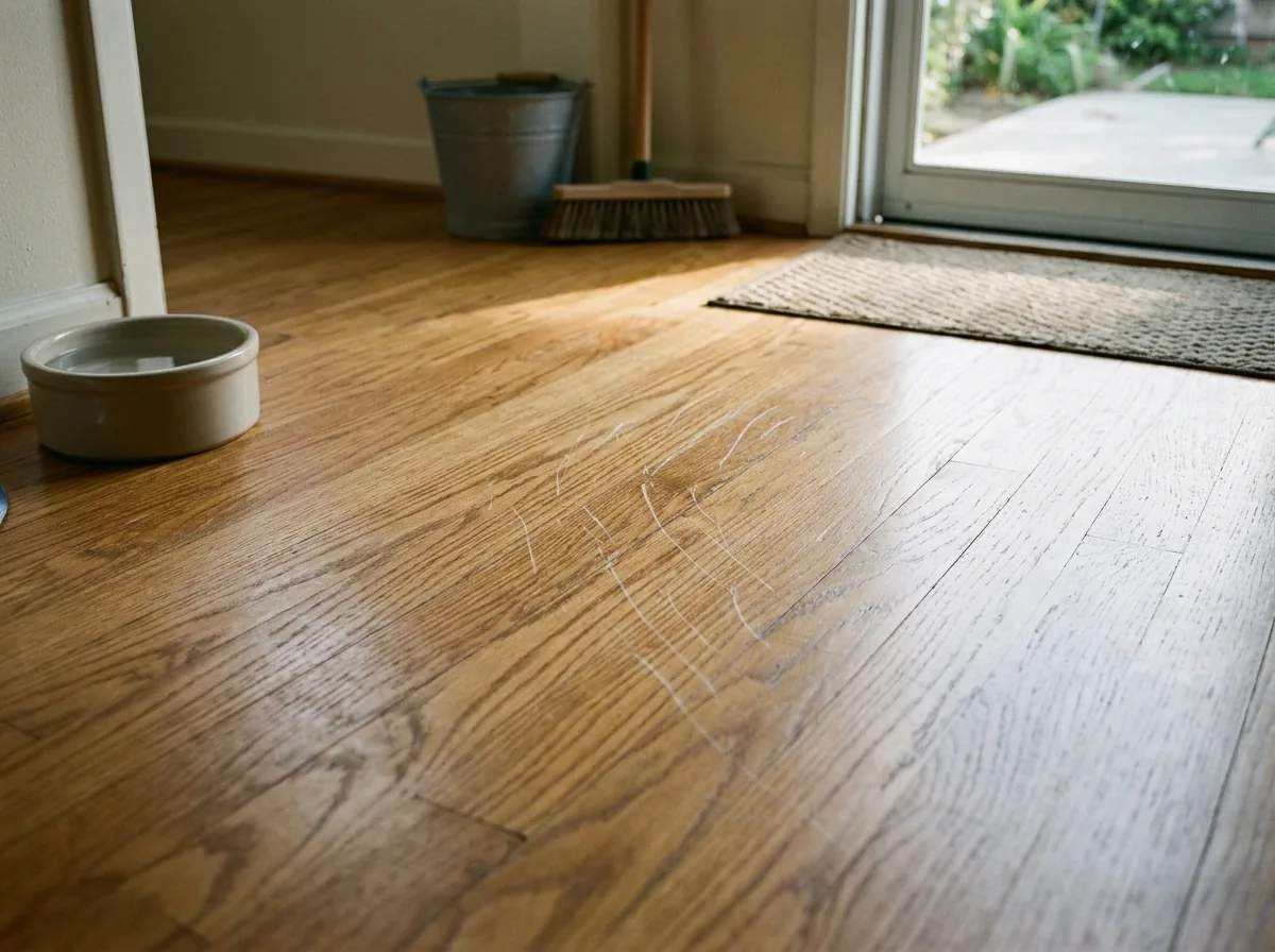 Close view of claw scratches across the satin finish of an oak floor by a back door