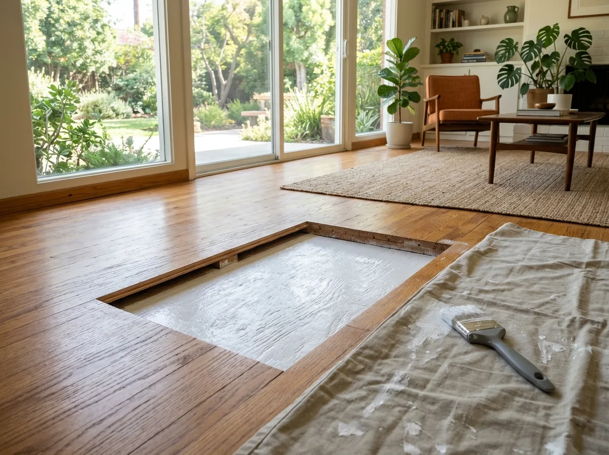 Opened floor section with white primer sealing the plywood subfloor where stained boards were removed