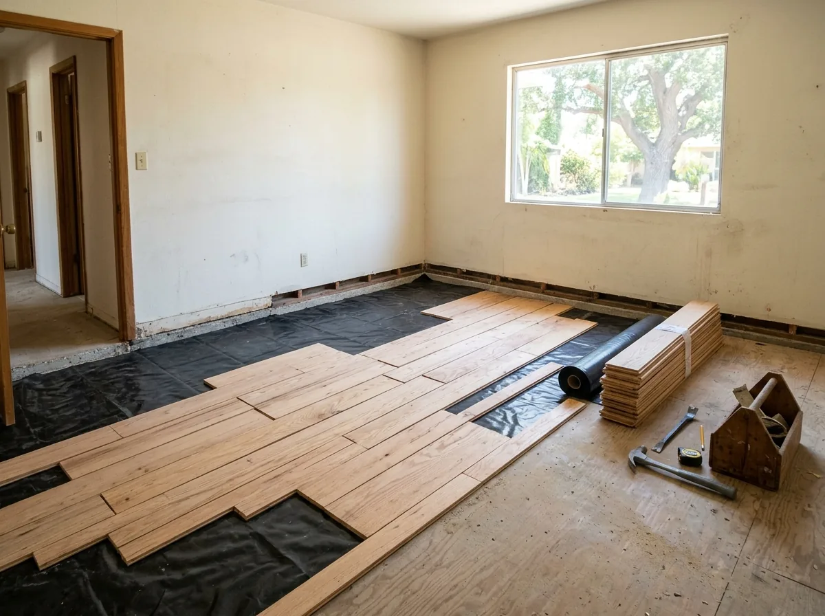Narrow plywood panels laid in a staggered pattern over plastic sheeting on a concrete floor
