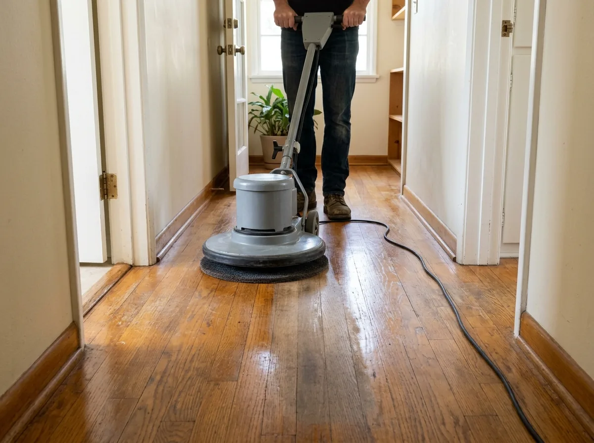 Floor buffer with an abrasive screen pad dulling the old finish on an oak floor