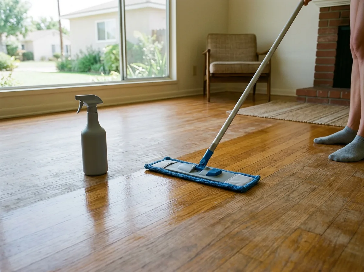 Microfiber cleaning pad on a dull oak floor before a recoat