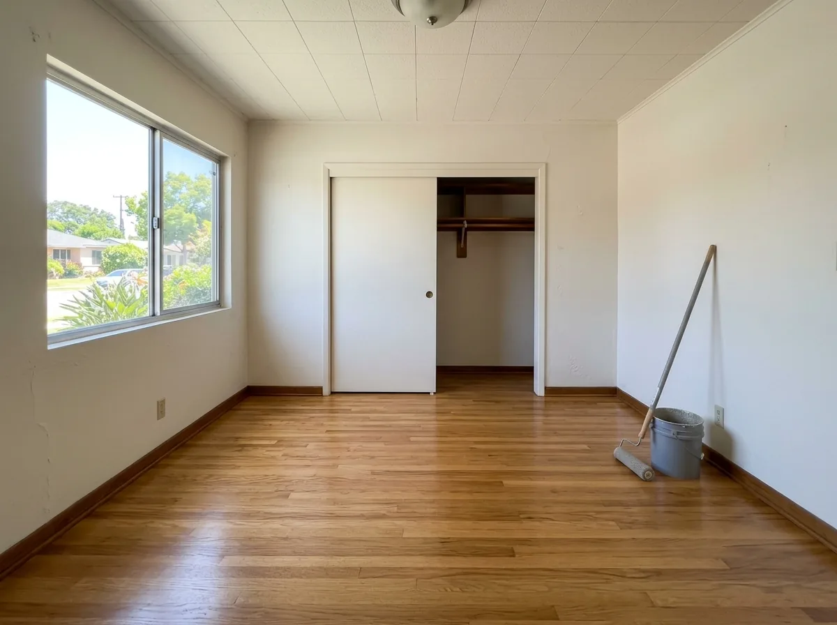 Empty bedroom with a freshly recoated oak floor and a closet door open