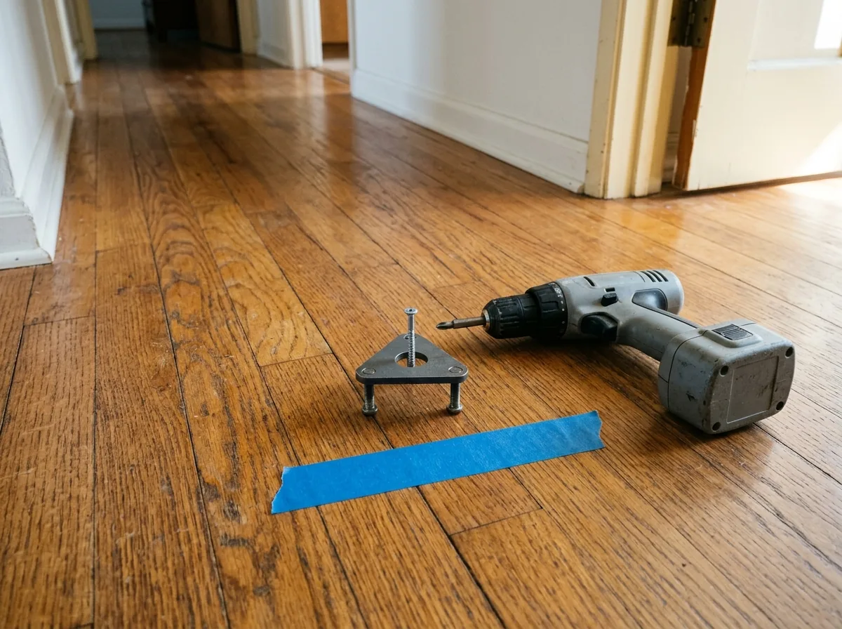 Depth-control fixture holding a breakaway screw on an oak strip floor