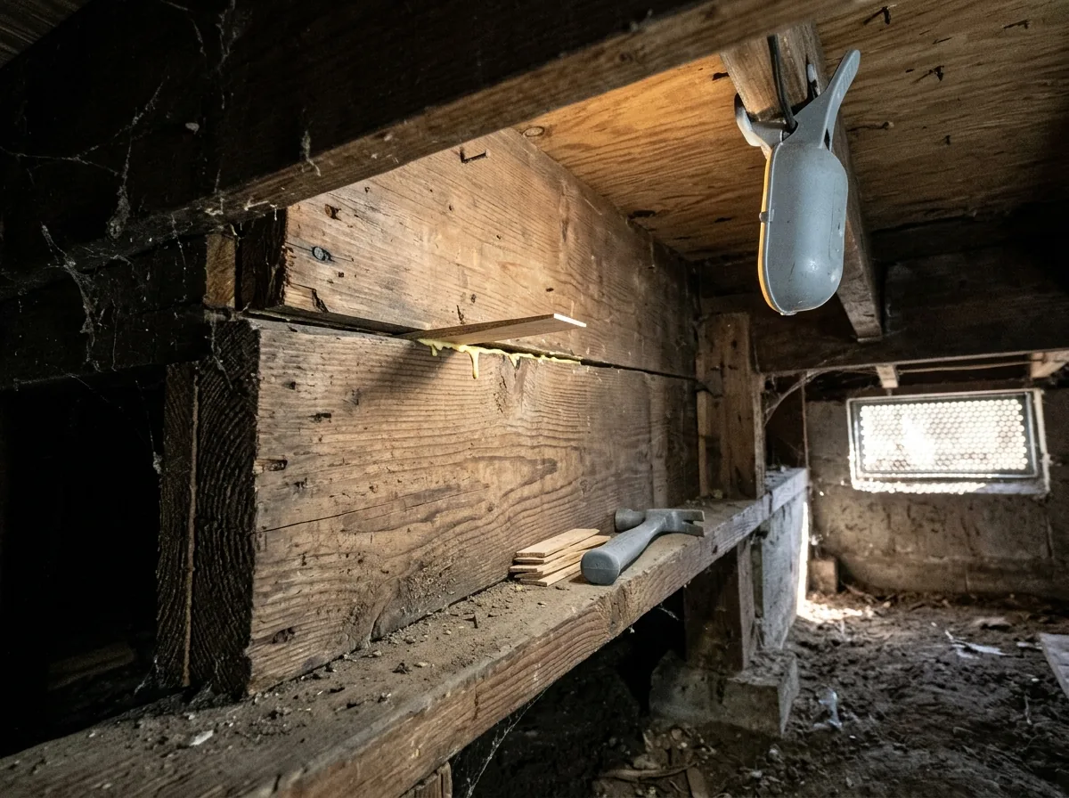 Thin wood shim glued into the gap between a floor joist and the plywood above it