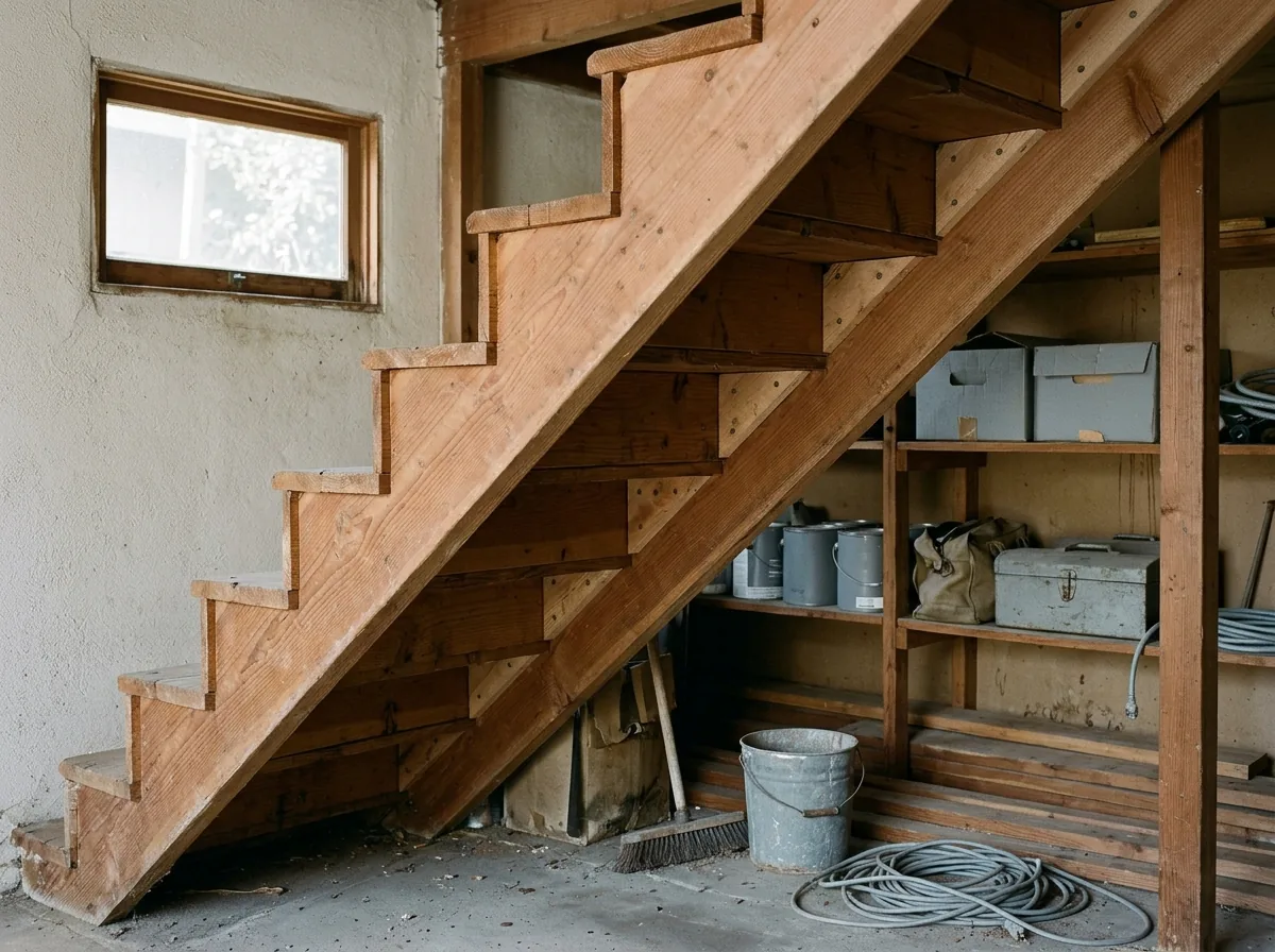 Underside of a wooden staircase with glue blocks set where treads meet risers