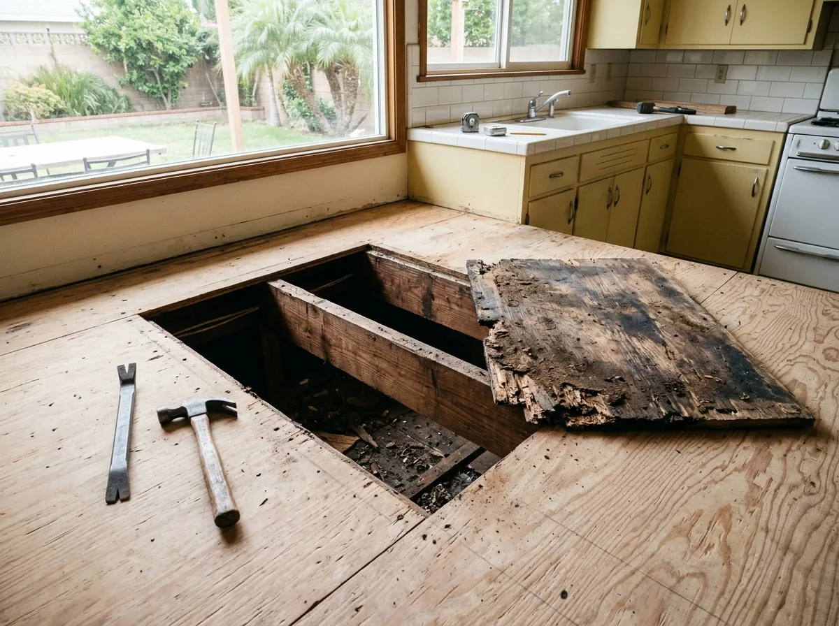 Section of dark, rotted plywood subfloor cut out between two floor joists