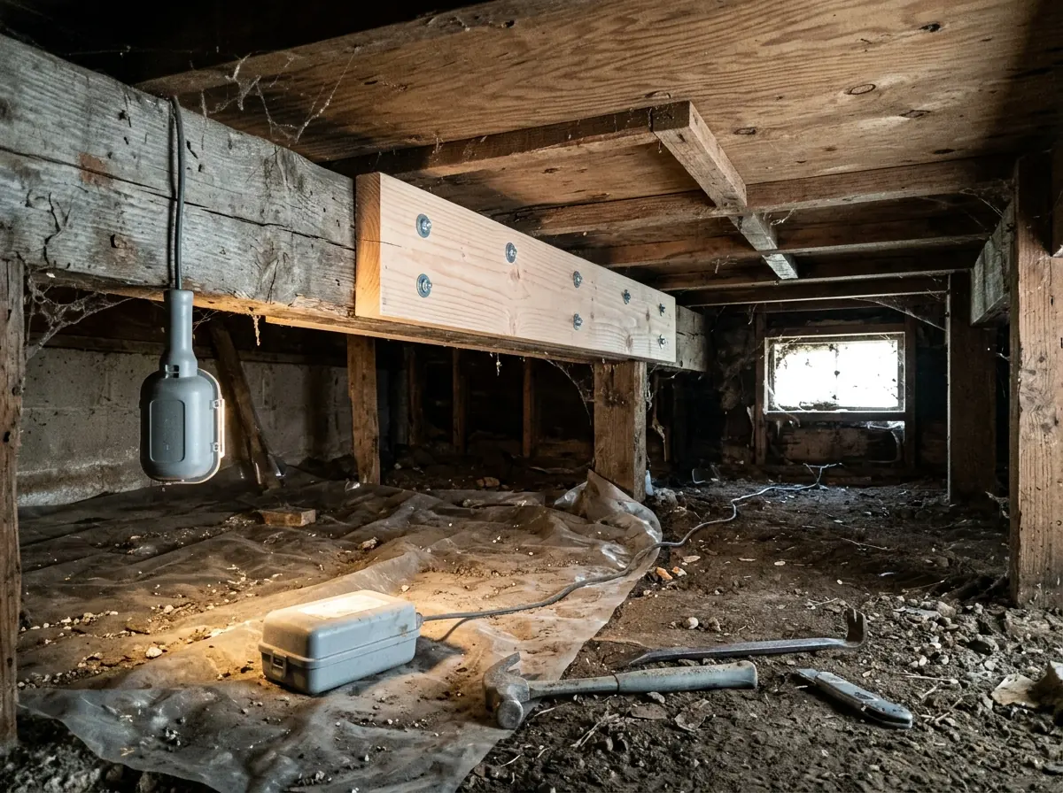 New lumber bolted alongside an old floor joist in a crawlspace