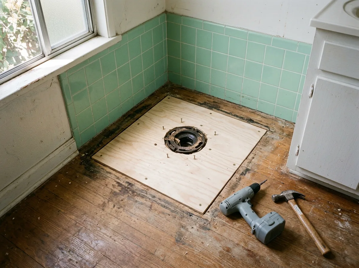 New plywood patch around a toilet flange in a bathroom with the toilet removed