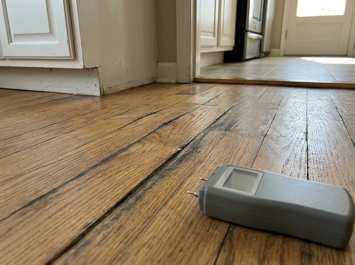 Cupped hardwood boards with raised edges near a kitchen doorway after a water leak