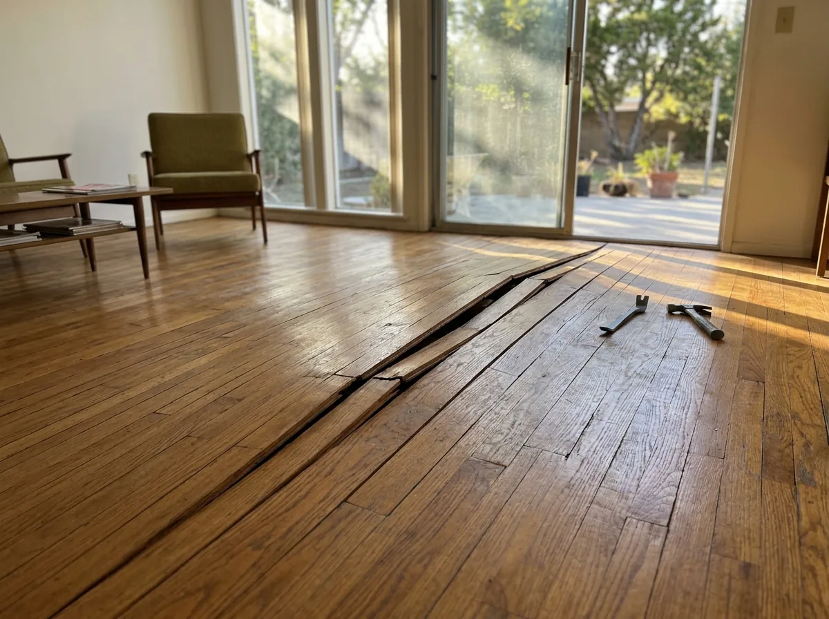 Hardwood boards lifted in a hump off the subfloor near a back door