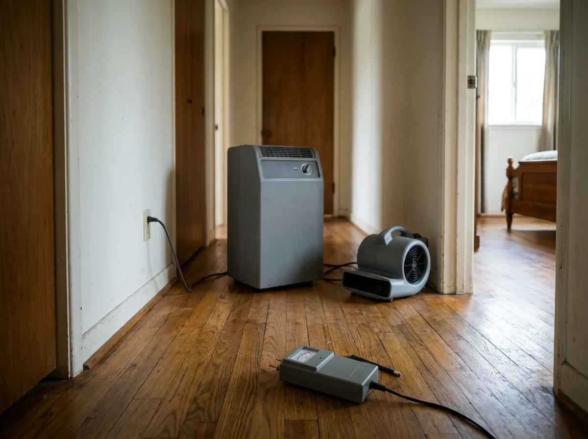 Dehumidifier and air mover drying a wet oak floor with a moisture meter on the boards