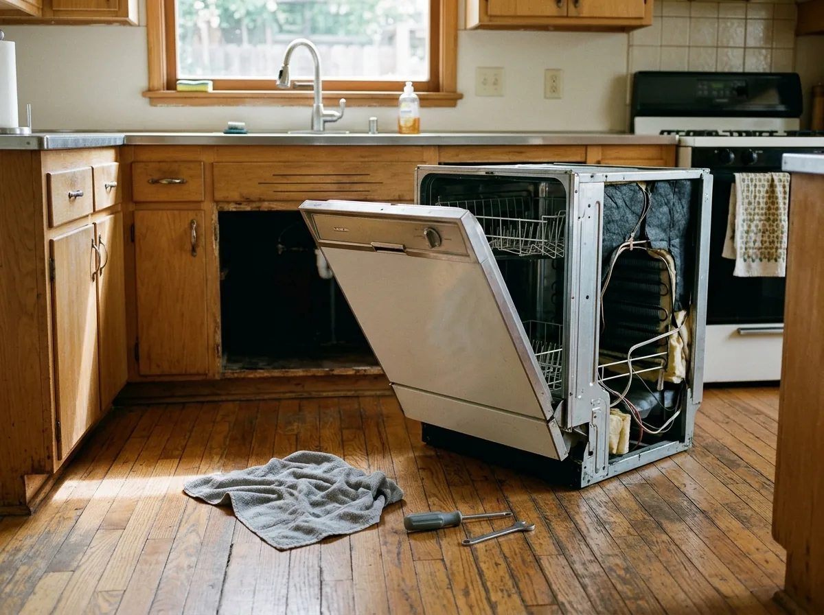 Oak strip floor with darkened, raised board edges in front of a pulled-out dishwasher