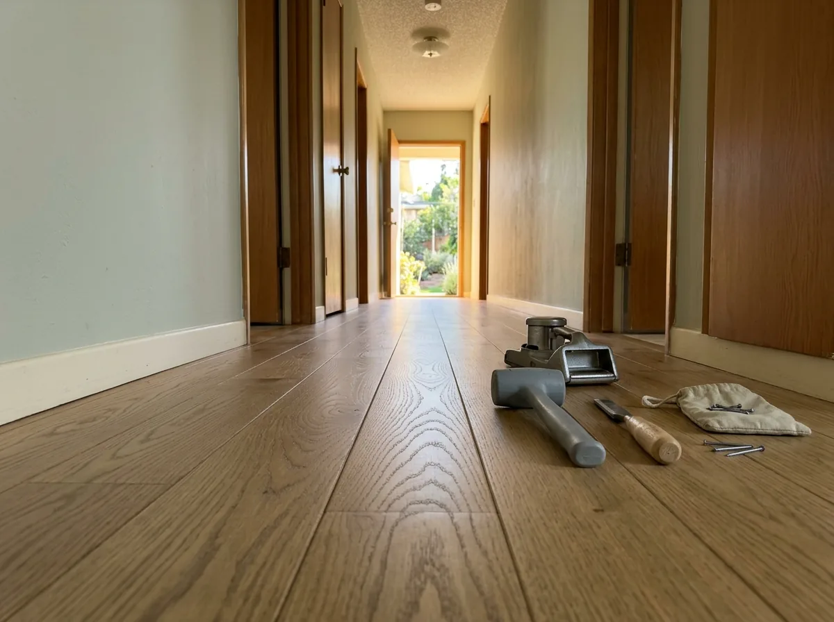 Close view of flat-sawn white oak floorboards with arched cathedral grain under a clear finish
