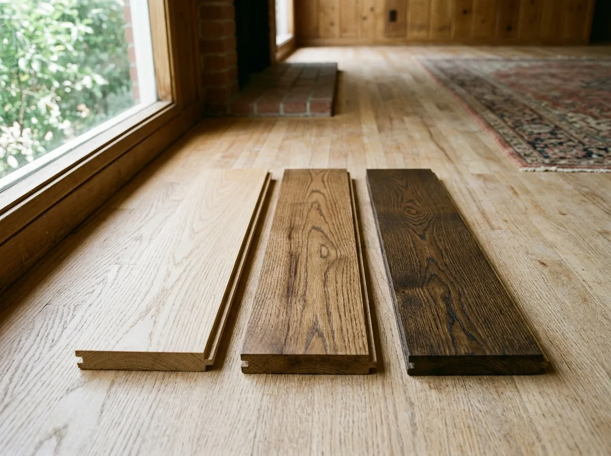 Three white oak sample boards on a floor, one natural, one fumed brown and one darker brown