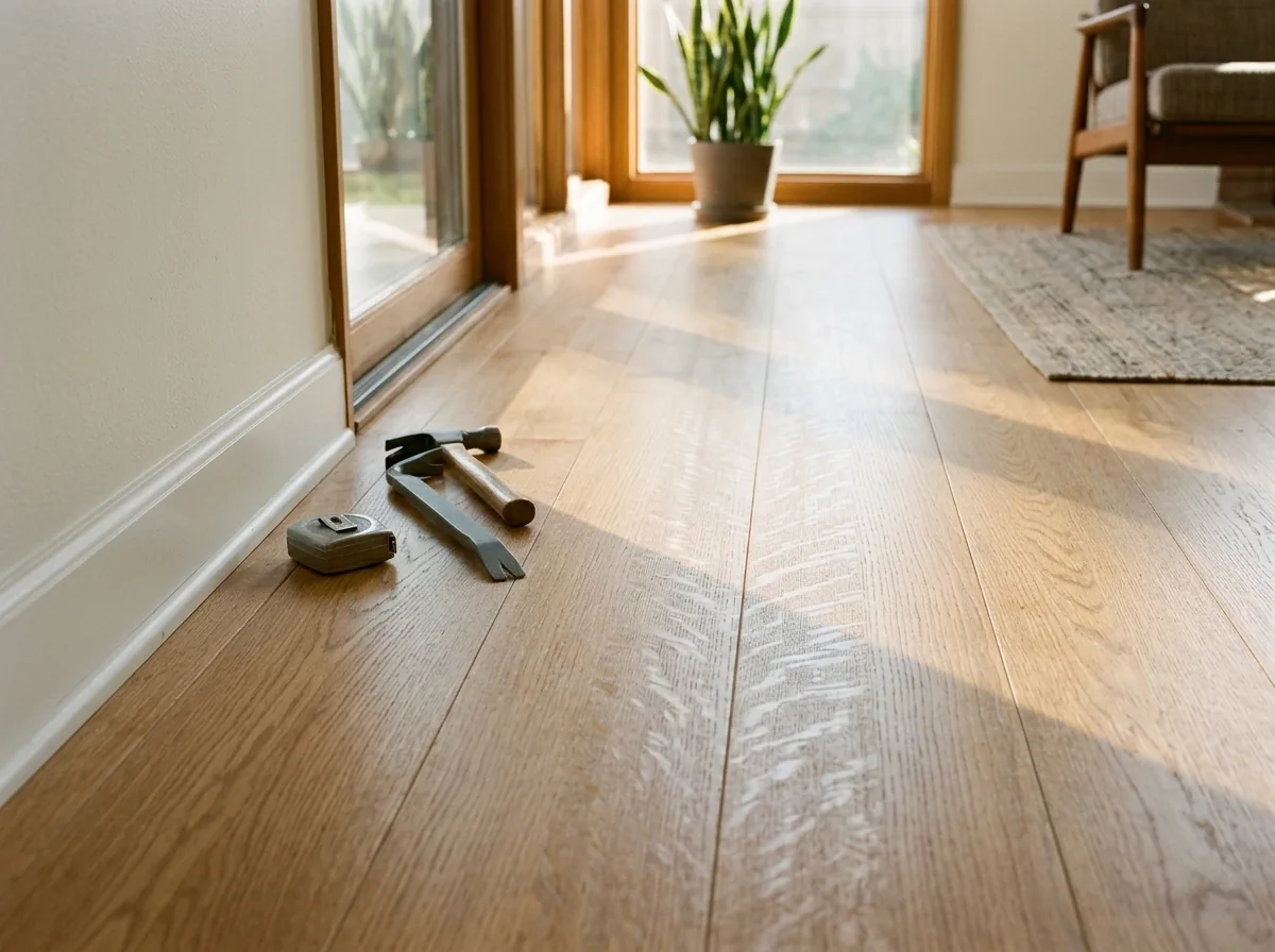 Quartersawn white oak floorboards with straight grain and shiny ray fleck in raking sunlight