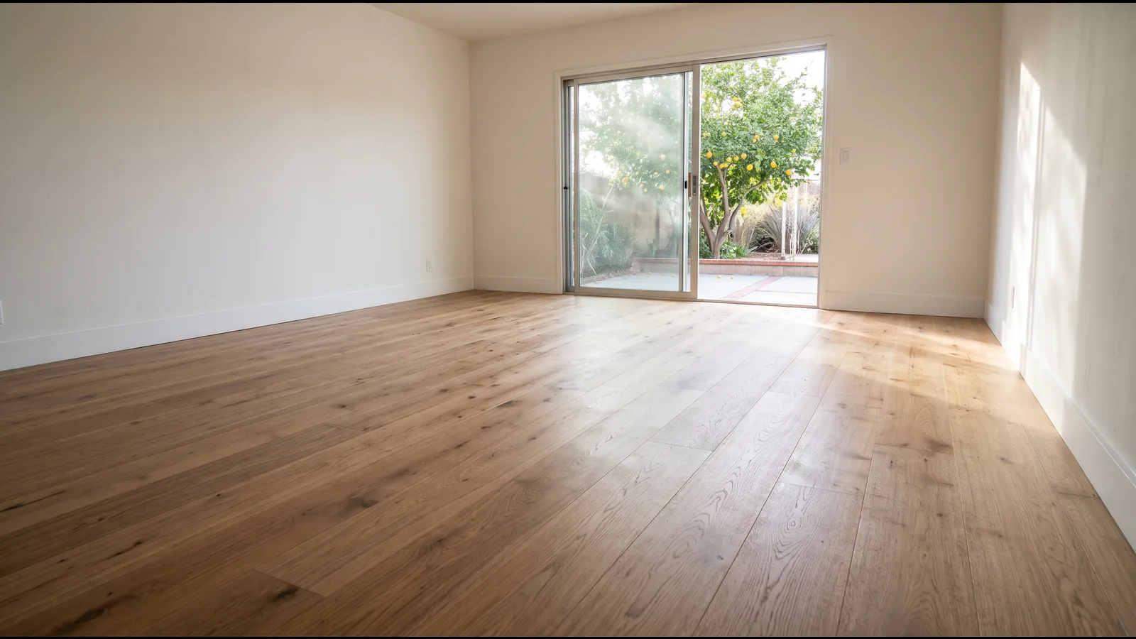 A bright living room with newly finished wide-plank white oak floors running toward a sliding glass door