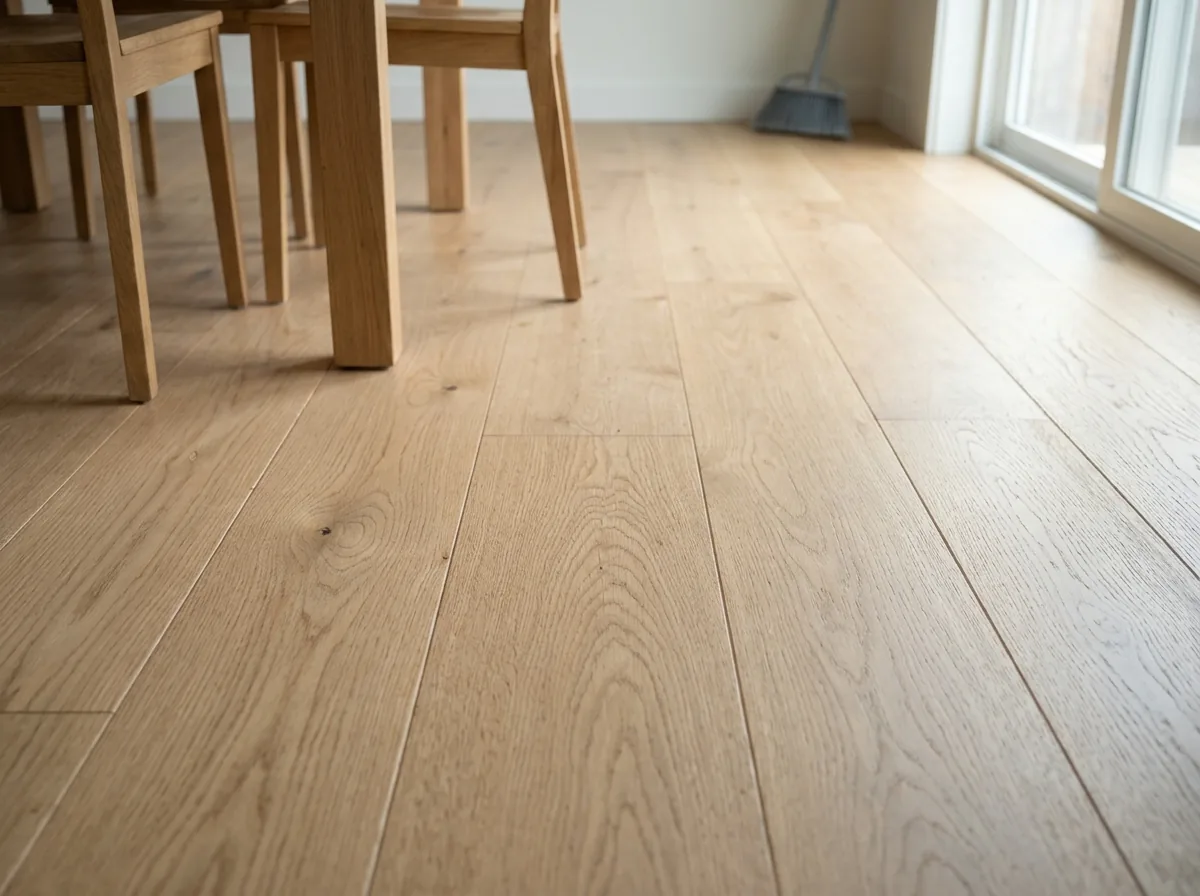 Wide white oak planks with a matte natural finish in a bright dining area
