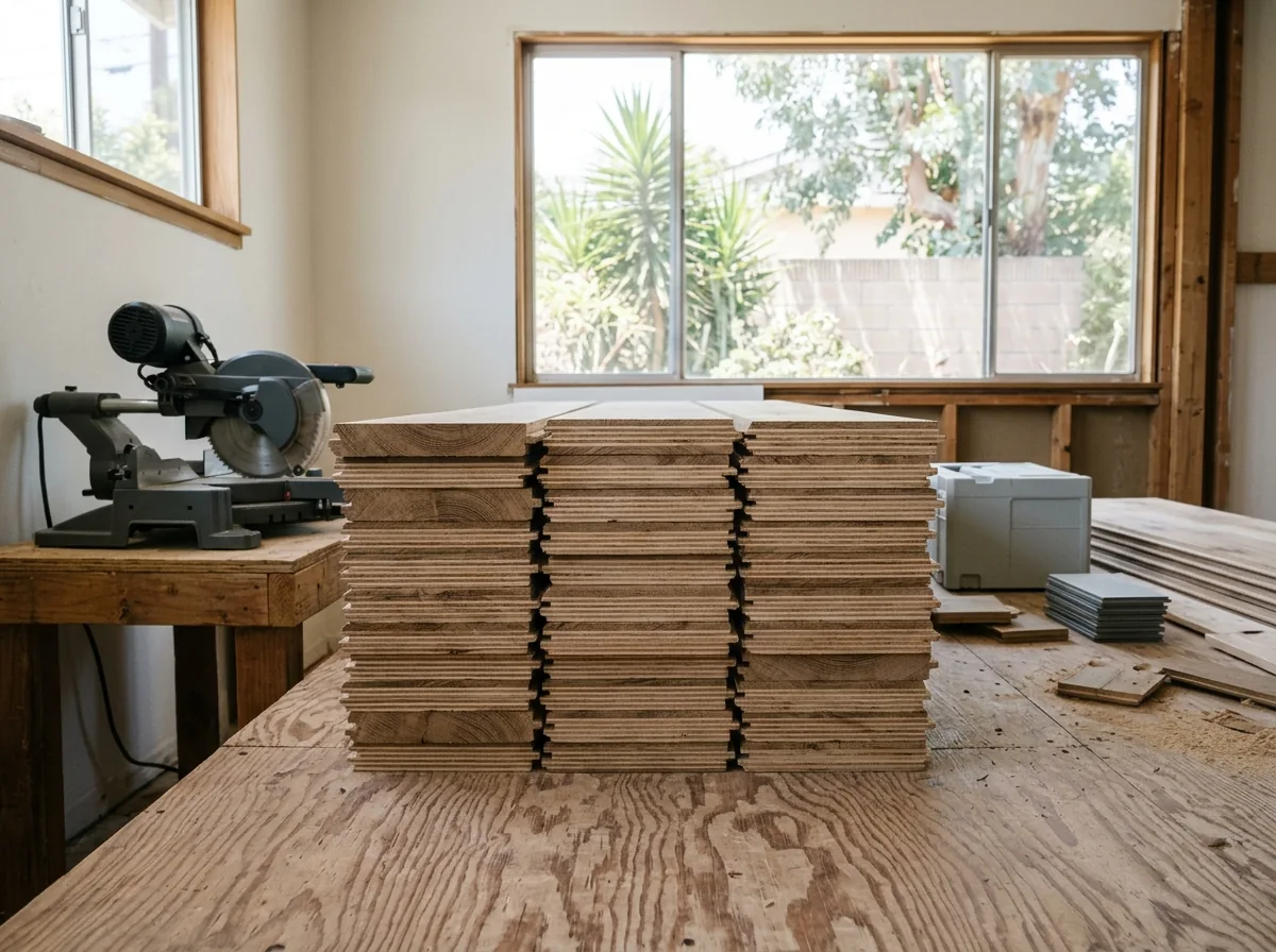 Stack of wide engineered oak planks seen from the end, showing the wood veneer over plywood layers