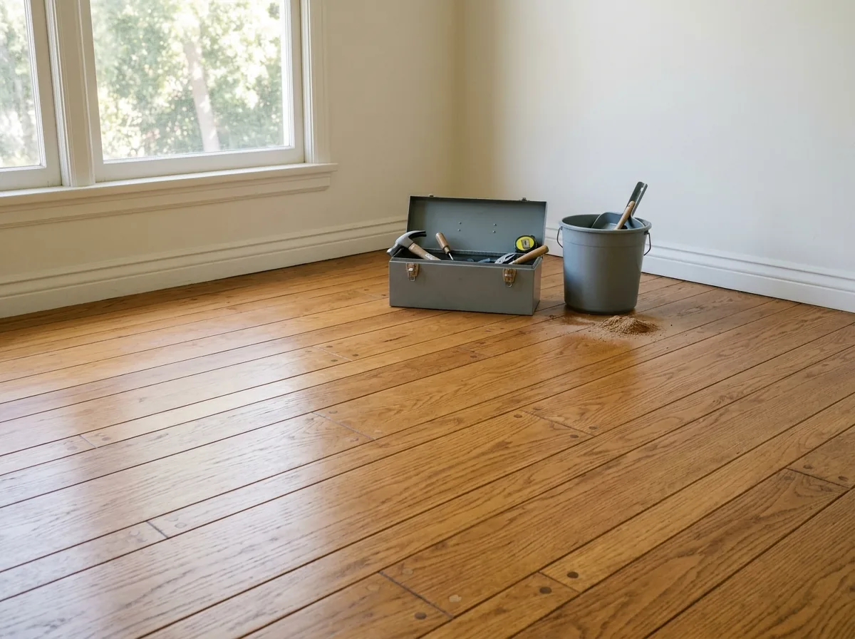 Six inch solid oak planks in a bedroom with small wood plugs over screws at the board ends