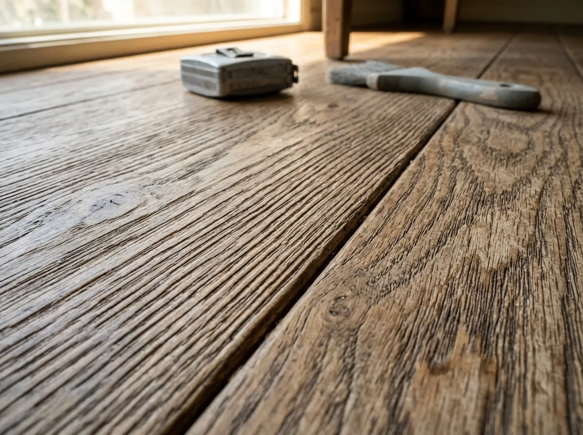 Close view of wire-brushed oak planks with raised grain texture under a matte finish